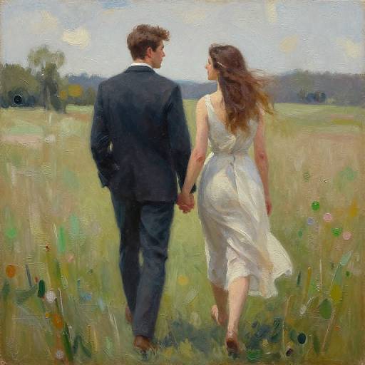 Impressionist painting of a couple holding hands, walking through a sunny meadow. He wears a black suit, she a flowing white dress.