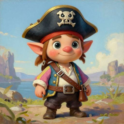 Cute digital illustration of a chubby, young pirate with large ears, pink nose, blue eyes, wearing a skull-patterned hat, vest, and