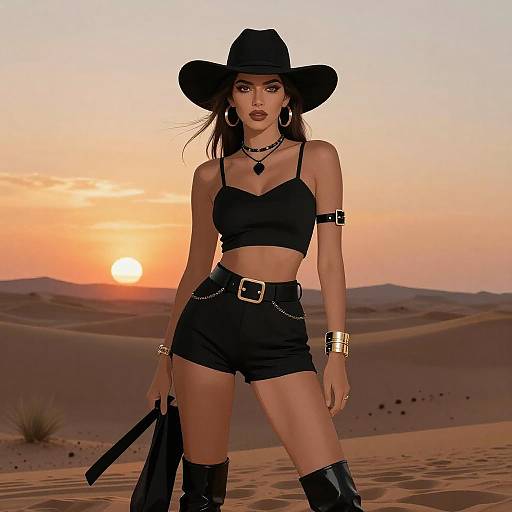Stylish Woman in Desert Sunset
