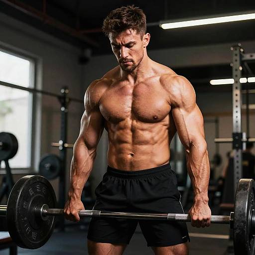 Photograph of a muscular, shirtless, tan-skinned man with short brown hair and beard, performing a bench press in a dimly lit gym