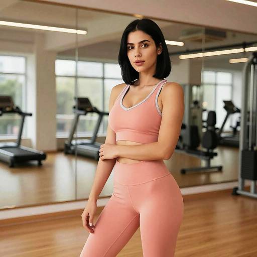 Photograph of a fit, young woman with medium skin tone, black shoulder-length hair, wearing pink sports bra and high-waisted leggings, standing