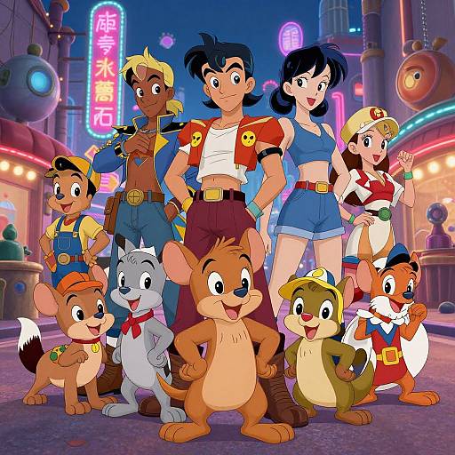 Colorful cartoon group photo featuring anime-style characters and animal friends in a neon-lit, futuristic street setting at night.
