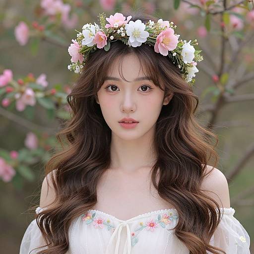 Photograph of an East Asian woman with long, wavy brown hair wearing a white floral headband and off-shoulder floral dress, set against