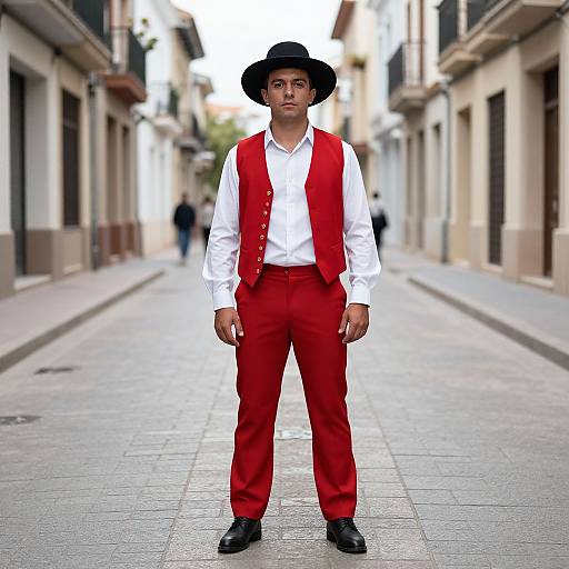Photograph of a young man standing on a narrow, cobblestone street. He wears a black hat, white shirt, red vest, and red