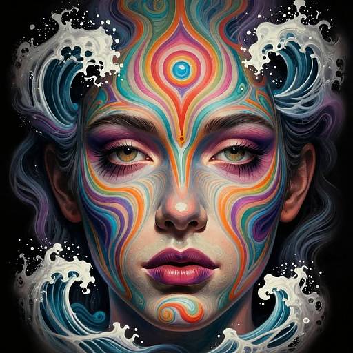 Digital artwork of a woman with vibrant, swirling rainbow patterns on her face, golden eyes, and wavy, ethereal hair against a dark background.