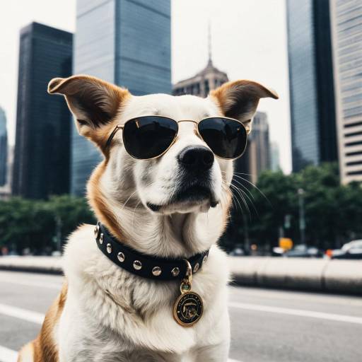 Cool dog with sunglasses in city