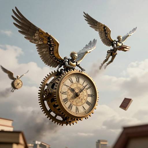 Steampunk clock with golden wings and gears, soaring with two mechanical birds against a cloudy sky, surrounded by buildings. Digital art.