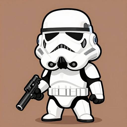 Cute, chibi-style drawing of a white stormtrooper with black markings, holding a black blaster, against a brown background.