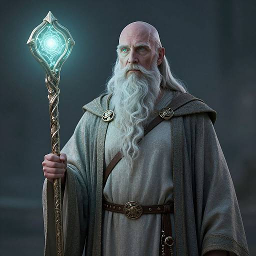 Photograph of an older, bald wizard with a long white beard, holding a glowing, ornate staff, wearing a gray robe with intricate brown belts
