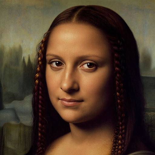 Photographic-style digital mashup of Mona Lisa's face with a young woman of mixed ethnicity, brown braided hair, and neutral expression.