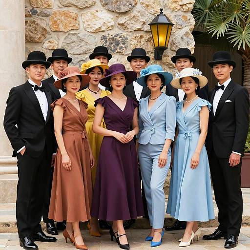 Photograph of seven Asian individuals, five men and two women, in formal black tuxedos and colorful dresses, matching black hats, standing in