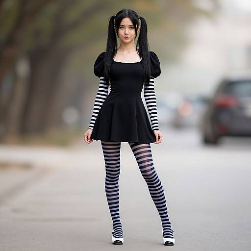 Photograph of an Asian woman with black pigtails, wearing a black dress, striped black-and-white sleeves, and leggings, standing on a blurred