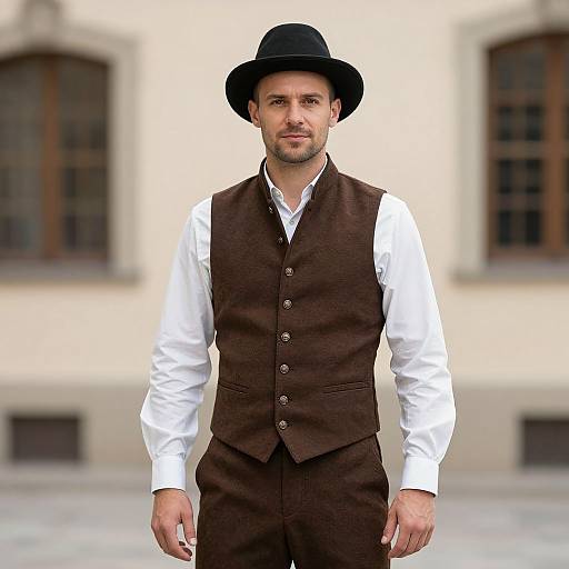 Photograph of a bearded man in a black bowler hat, white shirt, and brown vest and pants, standing in front of a blurred,