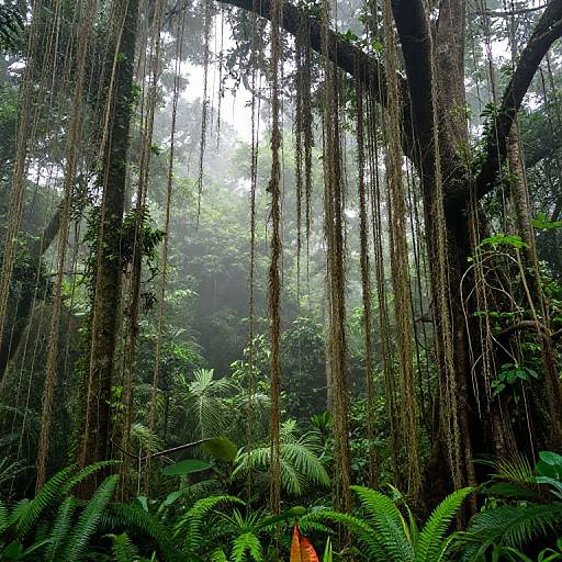 Photograph of a dense, misty rainforest with tall, moss-covered trees, long hanging vines, and vibrant green ferns in the foreground.