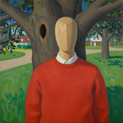 Painting of a faceless wooden mannequin in a bright red sweater, standing against a large tree in a suburban park.
