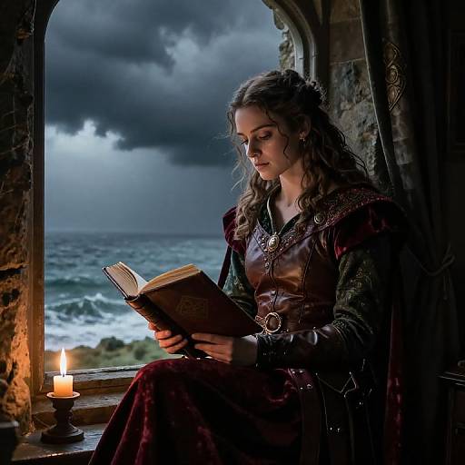 Photograph of a young woman with wavy brown hair, in a medieval-style brown dress, reading a book by candlelight in a stormy seaside