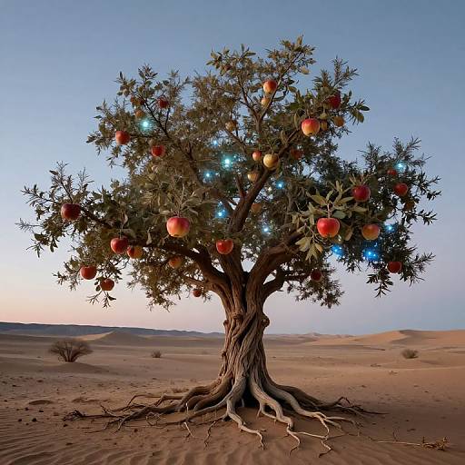 Photorealistic CGI of a desert tree with twisted trunk, adorned with glowing lights and red apples, set against a twilight sky and sandy dunes.