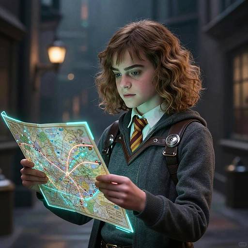 Photorealistic CGI of a young girl with wavy brown hair, wearing a dark hoodie and striped tie, studying a glowing map in a dim,