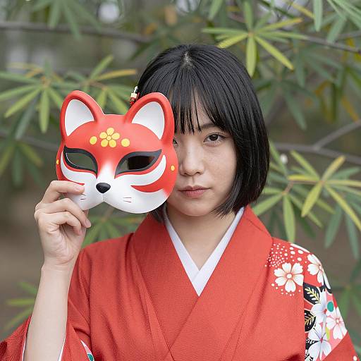 Asian Woman in Red Kimono with Fox Mask