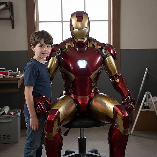 Photograph of young boy in blue shirt standing beside seated Iron Man suit with glowing chest piece in workshop. Bright window behind, tools and ladder in background