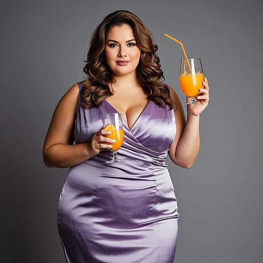 Plus Size Woman in Lavender Satin Dress with Orange Drinks
