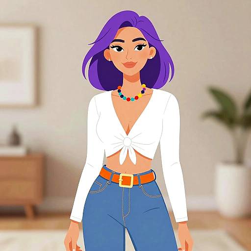 Digital illustration of a stylish woman with purple hair, wearing a tied white crop top, blue jeans, and a colorful necklace, standing in a softly lit
