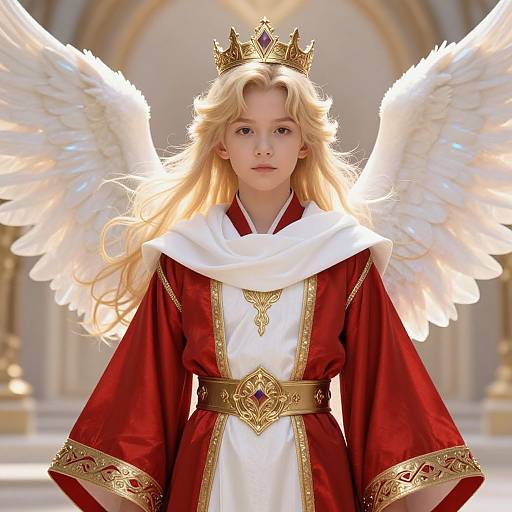 Photorealistic image of a young blonde girl with angel wings, wearing a golden crown, red and white regal dress, and ornate gold belt