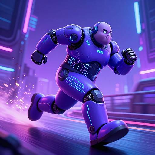 CGI image of a muscular, purple, futuristic robot sprinting through a neon-lit, cyberpunk city street, with bright, colorful lights and