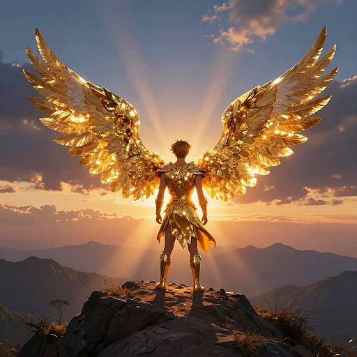 Golden-winged angel silhouette at sunset, standing on a mountain peak, radiant wings glowing against a vibrant, cloud-streaked sky.