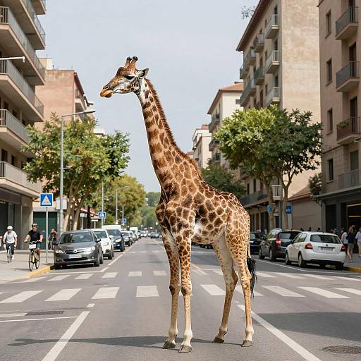 Giraffe in Urban Barcelona Streetscape