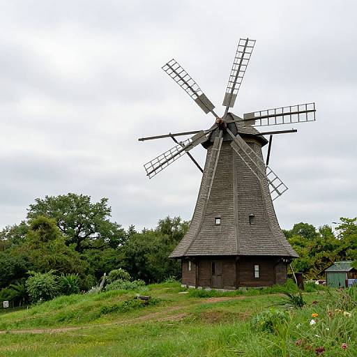 Photograph of a rustic wooden windmill with a conical roof, standing on a grassy hill surrounded by lush greenery and trees.