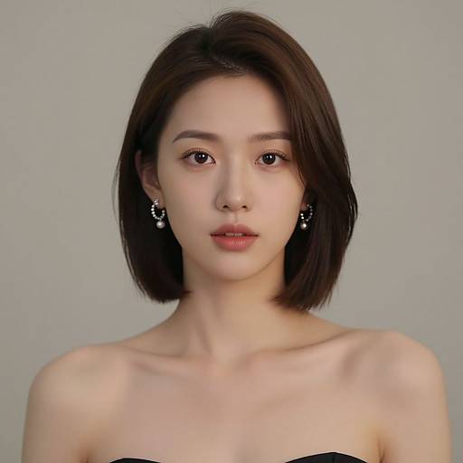 Photograph of an Asian woman with short black hair, fair skin, wearing pearl earrings and a strapless black top, against a plain gray background.