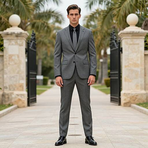 Photograph of a handsome man in a sharp gray suit, black shirt, and tie, standing confidently on a paved driveway flanked by tall palm trees