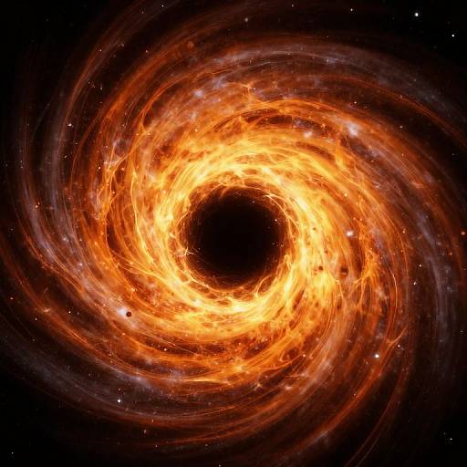 Photorealistic digital artwork of a vibrant, swirling black hole surrounded by intense, fiery orange and yellow energy spirals against a dark, star-speck