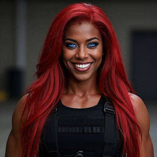 Photograph of a muscular Black woman with vibrant red hair, striking blue eyeshadow, and white teeth, smiling brightly in a black tactical vest,