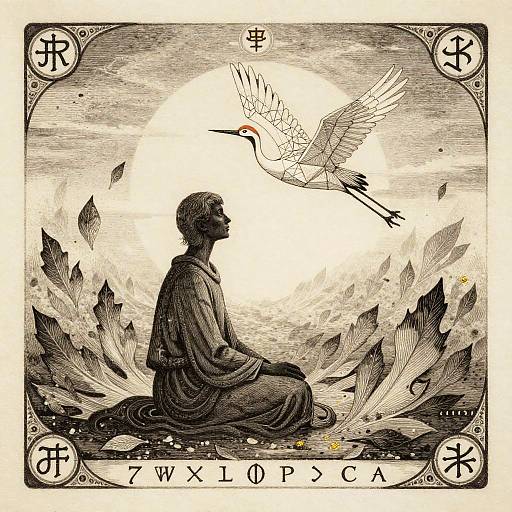 Serene Alchemist in Minimalist Woodcut