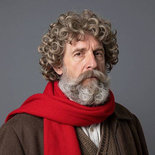 Photograph of an older man with curly gray hair, white beard, wearing a red scarf, brown coat, and gray background.