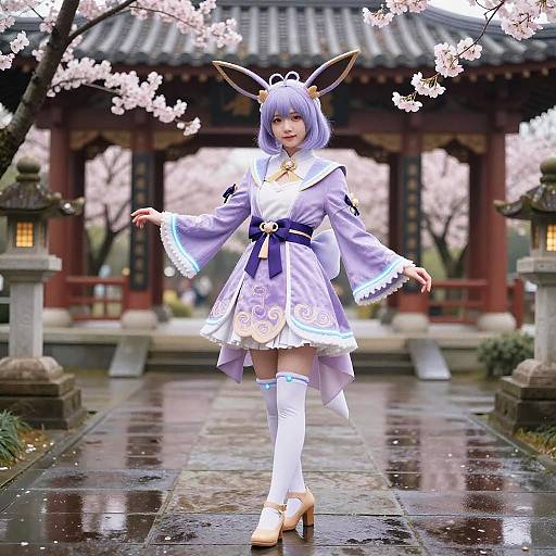Digital artwork of a purple-haired anime girl in a white and blue kimono with bunny ears, walking on a wet, cherry blossom-lined path in front