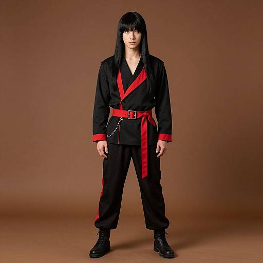 Photograph of a pale-skinned woman with long black hair, wearing a black and red martial arts robe, black boots, and chain belt, standing