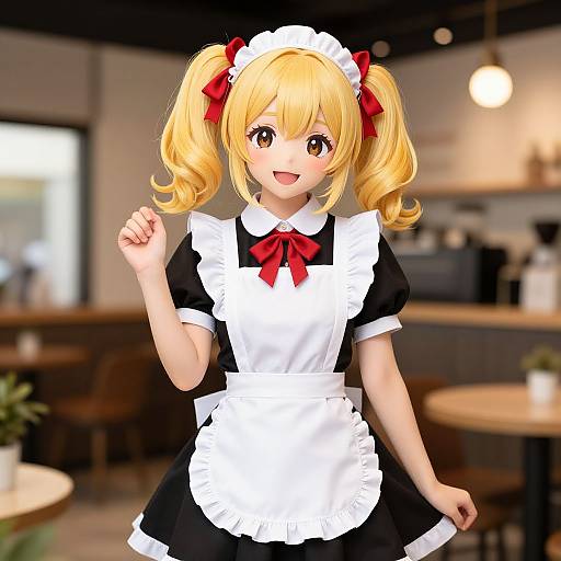 Digital anime-style drawing of a cute blonde girl with twin pigtails, wearing a black and white maid outfit with red bow, smiling in a cozy