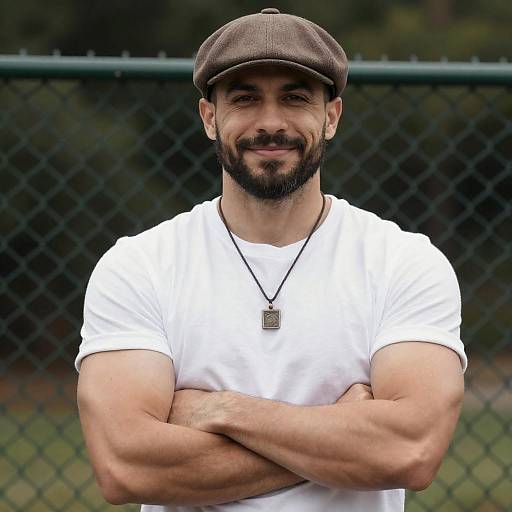 Muscular man with flat cap and pendant necklace