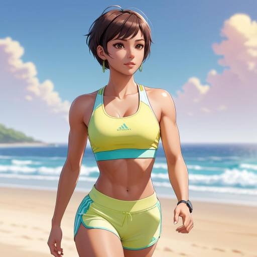 Photograph of a fit, tan-skinned woman with short black hair, kneeling in black sports bra and panties, showcasing toned abs and muscular legs against