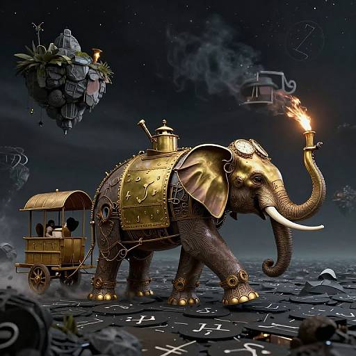 Fantasy illustration: A golden, steampunk elephant with a torch-lit trunk and intricate armor pulls a wooden cart through a mystical, starry