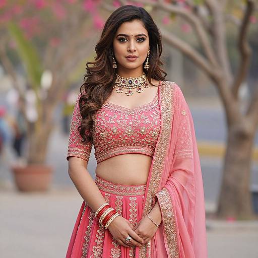 Photograph of a beautiful Indian woman with long, wavy brown hair in a pink traditional saree with gold embroidery, standing outdoors with blurred trees and