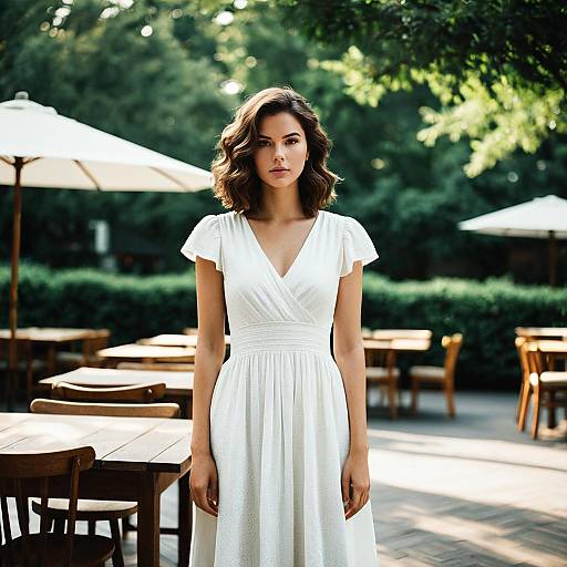 Young Woman in Elegant White Dress Outdoors