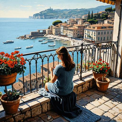 Impressionist Painting of Woman Knitting on Italian Balcony
