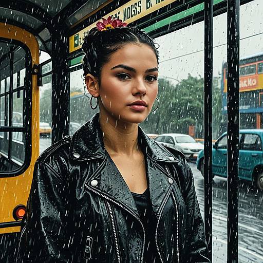 Teenage Girl in Leather Jacket at Rainy Bus Stop