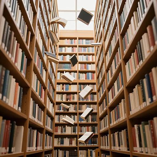 Photograph of a library with tall wooden bookshelves on both sides, filled with colorful books, and several books floating mid-air. Bright sky visible