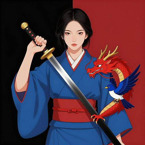 Asian Woman in Blue Kimono with Sword and Dragon Illustration
