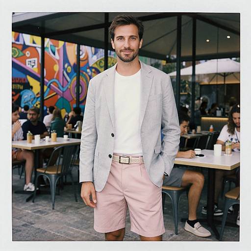 Photograph of a handsome man with brown hair and beard, wearing a light blue blazer, white t-shirt, and pink shorts, standing in a